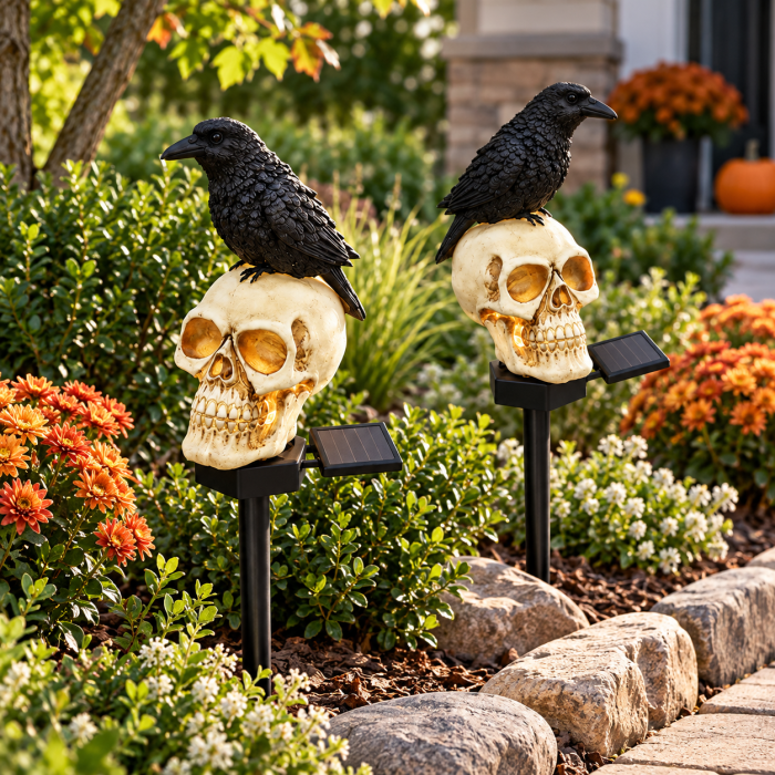 Set 2 sau 4 Lămpi Solare Halloween cu Craniu și Cioară, Decorațiuni pentru Grădină și Curte [3]