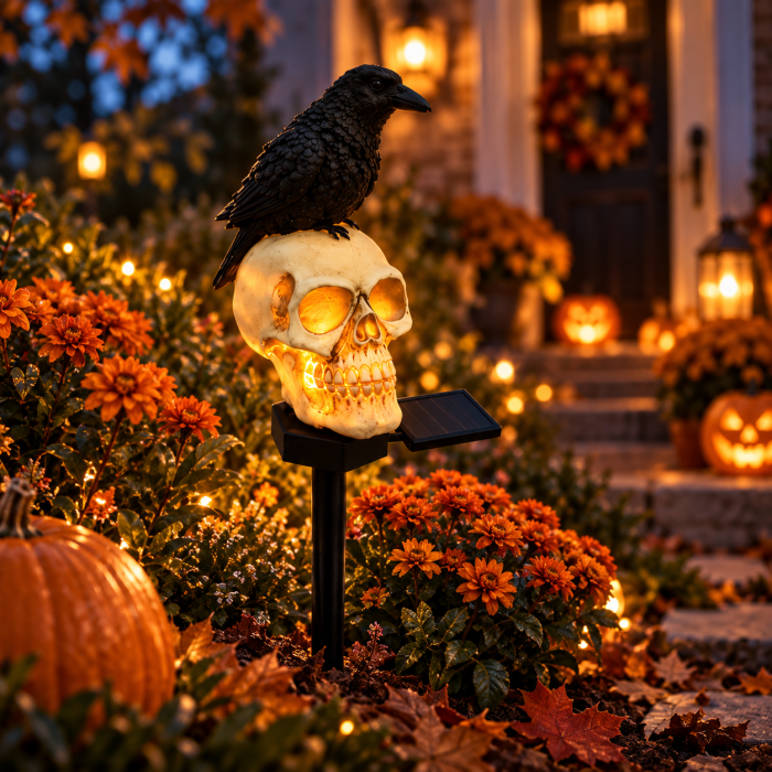 Set 2 sau 4 Lămpi Solare Halloween cu Craniu și Cioară, Decorațiuni pentru Grădină și Curte [8]