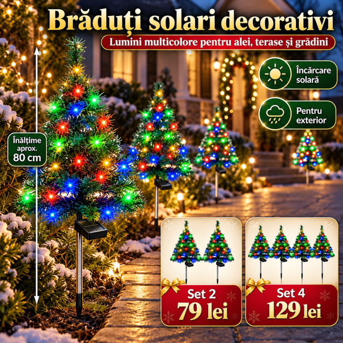 Set 2 x Brad Decorativ Solar cu Lumini LED Multicolore – Functionare Automata Zi/Noapte pentru Decor de Craciun Exterior - Copie [1]