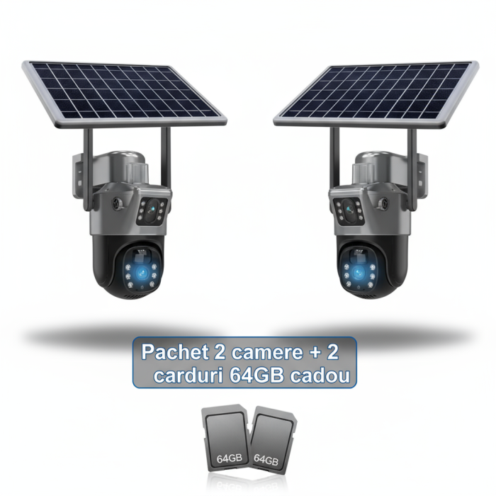 SET 2 xCameră de Supraveghere Duală cu Panou Solar, 6 mp, 4G SIM, Senzor de Mișcare, Lentile Duble  + 2 card 64GB [1]
