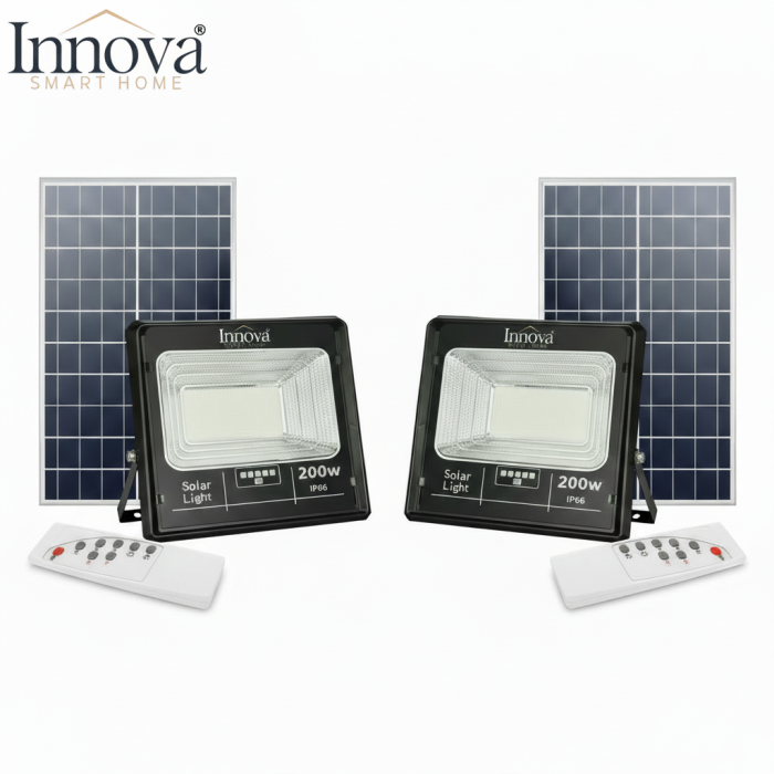 Set 2 x Proiector LED INNOVA 200W Cu Panou Solar si telecomanda, IP66 + Cadou Surpriza [1]