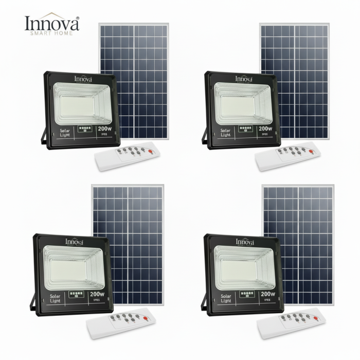 Set 4 x Proiector LED INNOVA 200W Cu Panou Solar si telecomanda, IP66 + Cadou Surpriza [1]