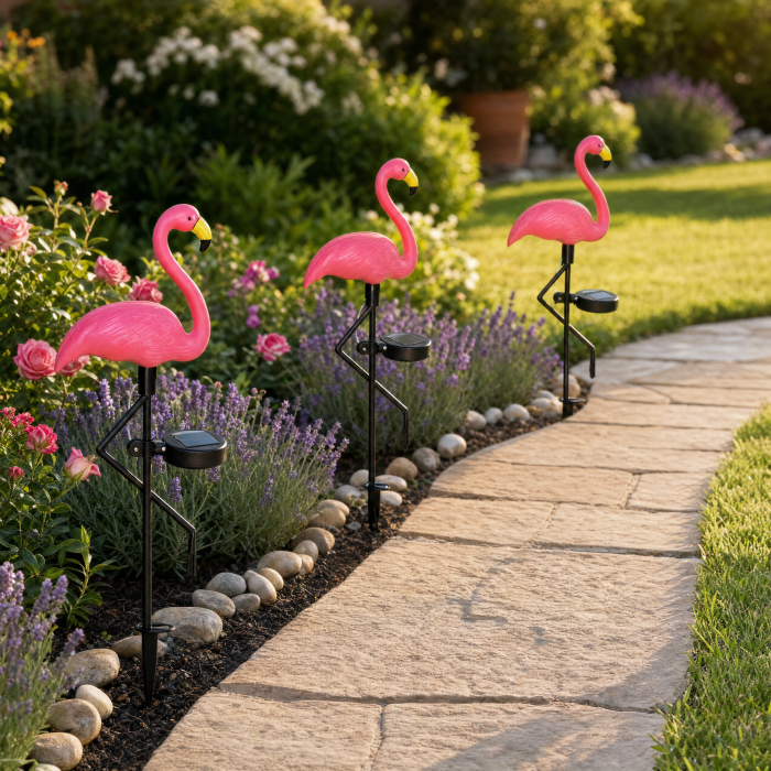 Set 3 Lămpi Solare LED Flamingo Roz cu Cioc Galben, Model Nou, 53 cm, Lumină Caldă, IP65, Decorațiuni pentru Grădină [2]