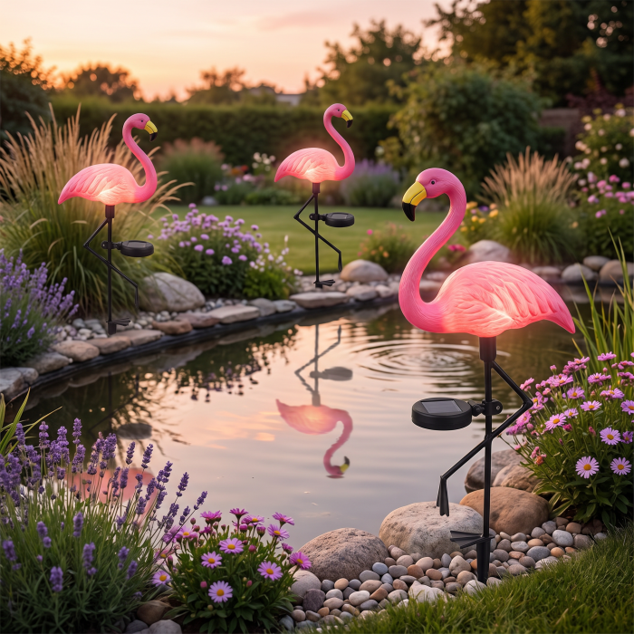 Set 3 Lămpi Solare LED Flamingo Roz cu Cioc Galben, Model Nou, 53 cm, Lumină Caldă, IP65, Decorațiuni pentru Grădină [3]