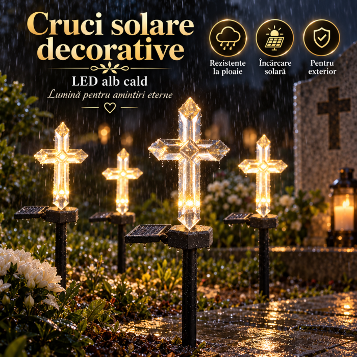 Set 4 Cruci Solare Decorative LED Alb Cald pentru Gradina si Cimitir – Iluminare Automata [3]