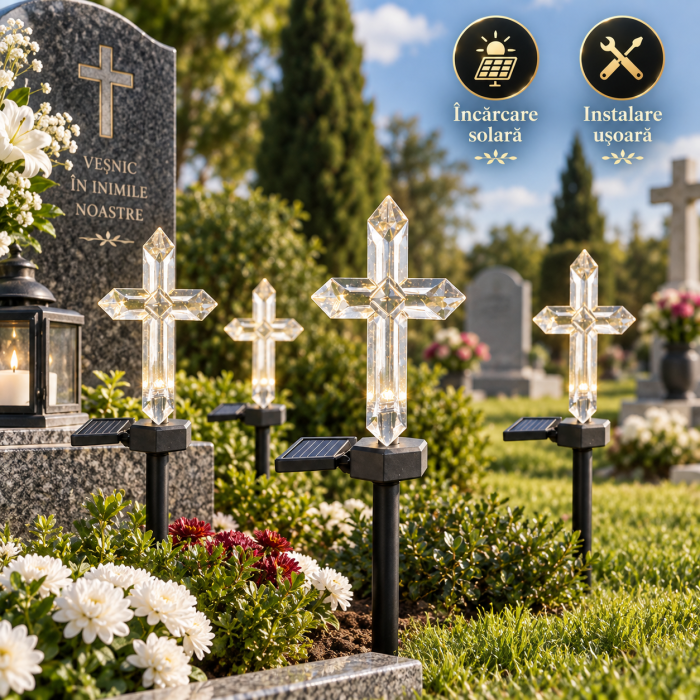Set 4 Cruci Solare Decorative LED Alb Cald pentru Gradina si Cimitir – Iluminare Automata [2]