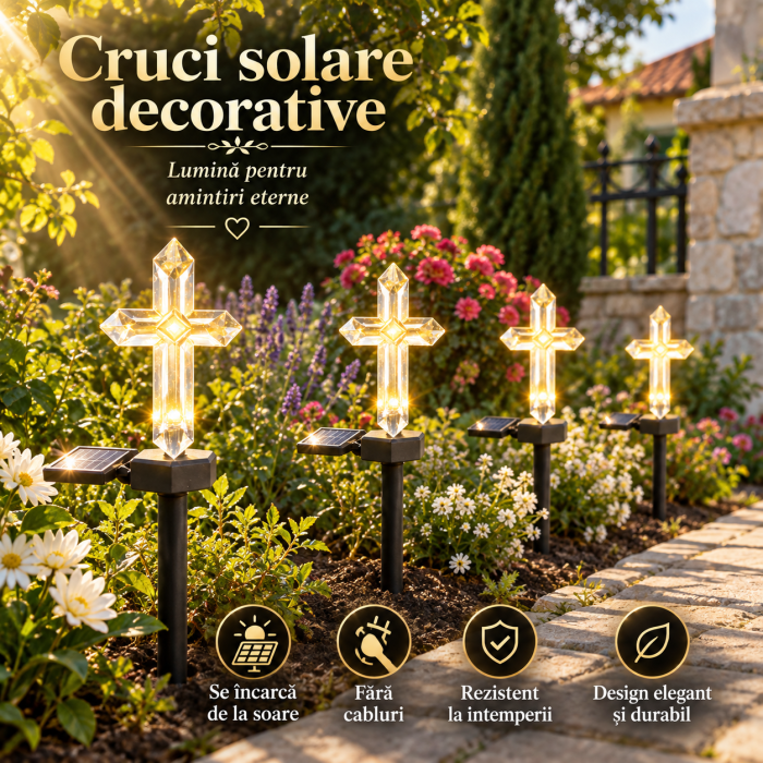 Set 4 Cruci Solare Decorative LED Alb Cald pentru Gradina si Cimitir – Iluminare Automata [4]