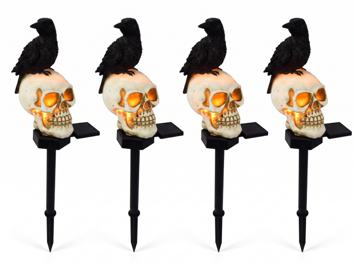 Set 2 sau 4 Lămpi Solare Halloween cu Craniu și Cioară, Decorațiuni pentru Grădină și Curte [2]