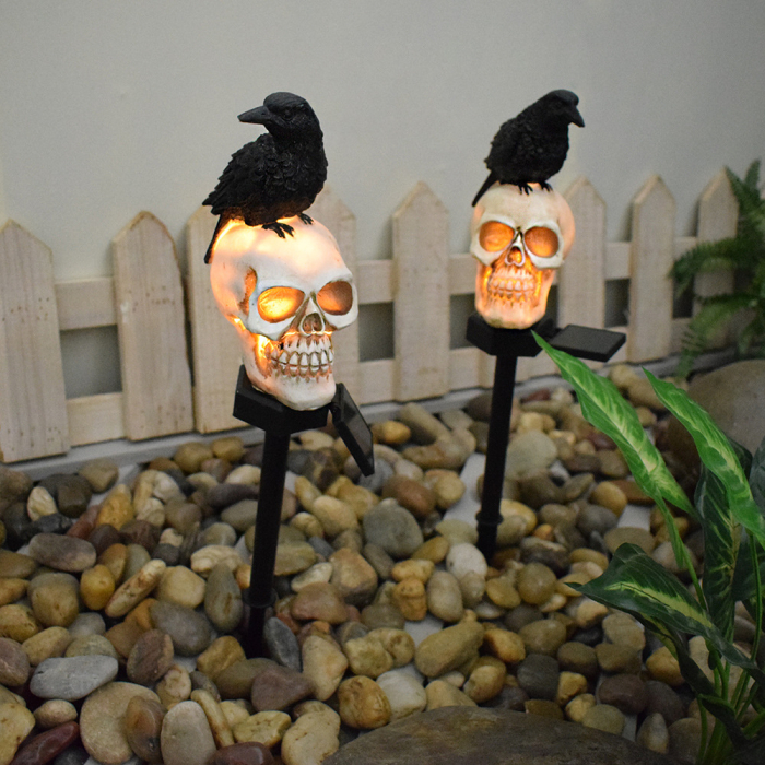 Set 2 sau 4 Lămpi Solare Halloween cu Craniu și Cioară, Decorațiuni pentru Grădină și Curte [4]
