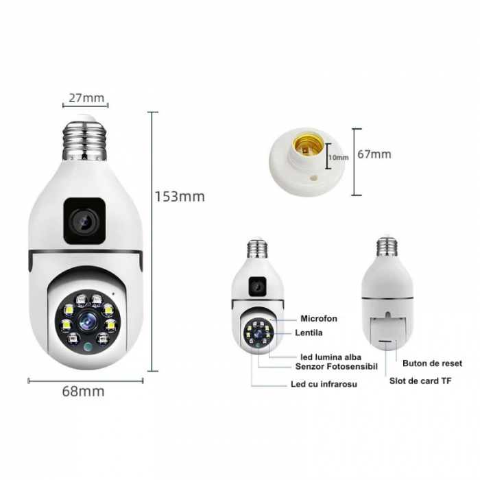 Set 4 x Jortan JTZ-9696PROB: Cameră Supraveghere Duală Tip Bec, HD, WiFi, Vedere 360° Full Color, Aplicație Icsee [4]