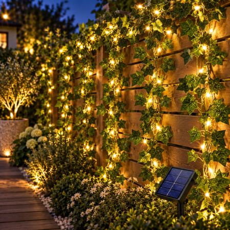 Instalație solară LED tip iederă, cu frunze artificiale și lumină caldă –  12 m cu 100 LED-uri [2]