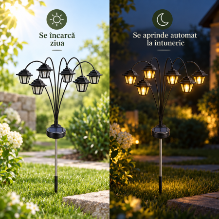 Lampă solară de grădină cu 6 felinare LED cu lumină caldă, panou solar integrat și țăruș pentru montaj [5]