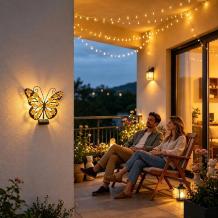 Set 2 / 4 Fluturi Solari Decorativi de Pus pe Perete sau Gard, cu Lumini LED, Culori Roz si Galben [5]