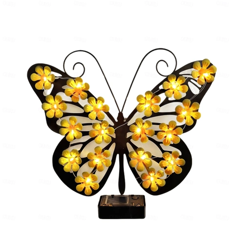 Set 2 / 4 Fluturi Solari Decorativi de Pus pe Perete sau Gard, cu Lumini LED, Culori Roz si Galben [3]