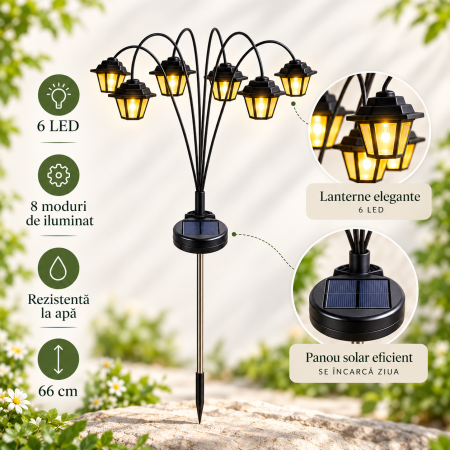 Lampă solară de grădină cu 6 felinare LED cu lumină caldă, panou solar integrat și țăruș pentru montaj [4]
