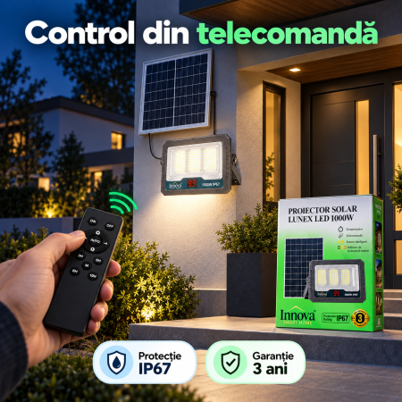 Kit proiector solar Innova Lunex 1000W cu panou separat, telecomandă, cablu și ambalaj [1]