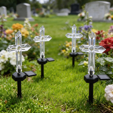 Set 4 Cruci Solare Decorative LED Alb Cald pentru Gradina si Cimitir – Iluminare Automata [1]