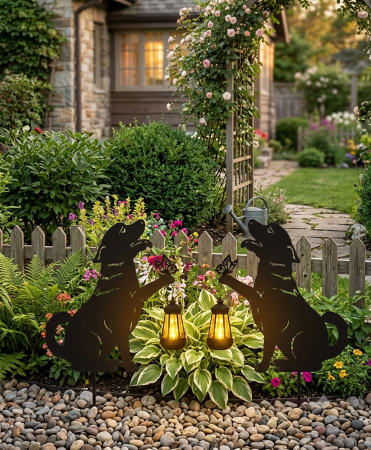 Pachete Promotionale - Set 2 Decoratiuni Solare de Gradina, Model Catelus cu Felinar LED si Fluture, din Metal