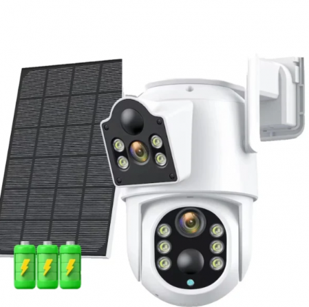 Camere Supraveghere Solare - Camera de Supraveghere Dublă cu Panou Solar Jortan – Lentile Fixe și Mobile, 4K, WiFi, Viziune Nocturnă cu Infraroșu, Ideală pentru Exterior