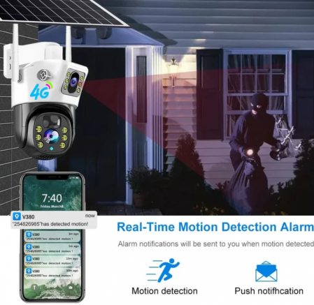 SET 2 xCameră de Supraveghere Duală cu Panou Solar, 6 mp, 4G SIM, Senzor de Mișcare, Lentile Duble  + 2 card 64GB [10]