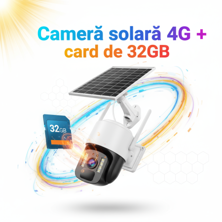 Camere IP WIFI Exterior - Cameră Supraveghere Solară+Card 32GB, 4G TS1, 3MP, PTZ 355°, Night Vision Color, Audio Bidirecțional, Alarmă, O-Kam Pro