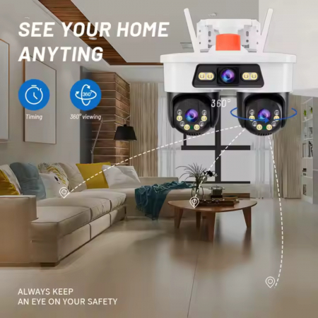 Cameră Supraveghere WiFi Jortan 9MP, 3 Lentile, Dual Head, PTZ 355°, Night Vision Color, IP66, Audio Bidirecțional, Yoosee App [2]