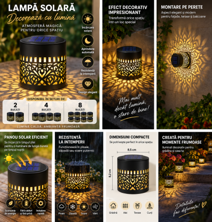 Lămpi solare decorative de perete cu proiecție Mandala, alb cald sau multicolor, IP65 – Set 2, 4 sau 8 bucăți [1]