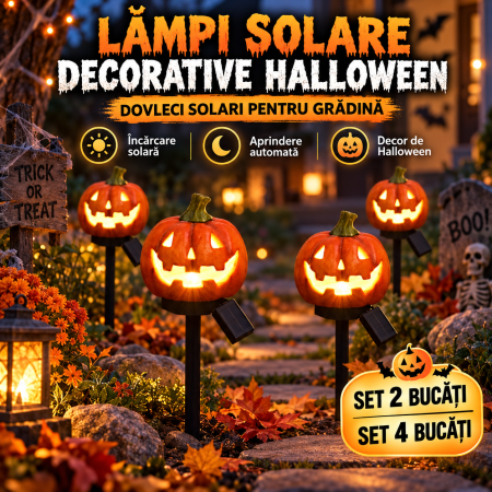 Pachete Promotionale - Lămpi Solare Halloween Dovleac pentru Grădină – Set 2 sau 4 Bucăți, Decor Curte și Alei