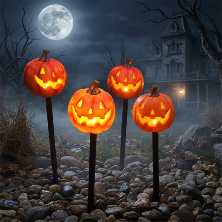Lampi Solare Decorative - Lămpi Solare Halloween Dovleac pentru Grădină – Set 2 sau 4 Bucăți, Decor Curte și Alei