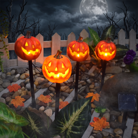 Lămpi Solare Halloween Dovleac pentru Grădină – Set 2 sau 4 Bucăți, Decor Curte și Alei [1]