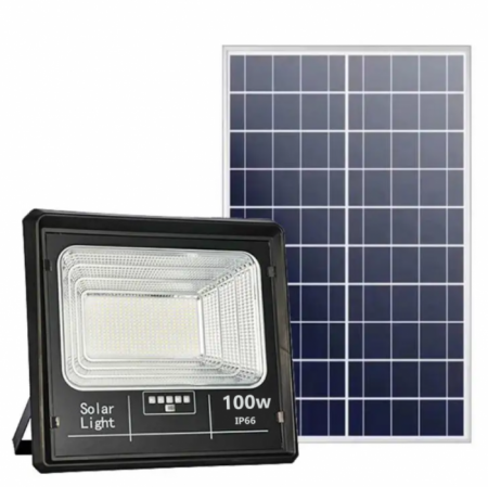Set 4 proiectoare solare LED 100W cu panou și telecomandă. Autonomie 10h, rezistență IP66 și cadou surpriză inclus! Ideal pentru orice spațiu exterior [1]