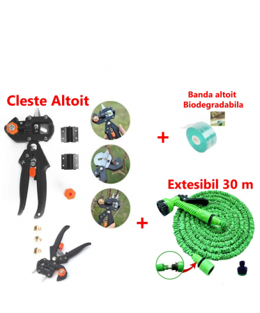 CASA SI GRADINA - Pachet ! Cleste Profesional de Altoit cu 3 Cutite U V Omega + Furtun Extensibil 30 M + Banda Pentru Altoit Biodegradabila +