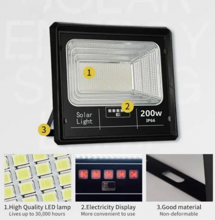 Proiector LED Jortan cu panou solar 200w si telecomanda , Indicator baterie , IP66 , 6500 k [1]