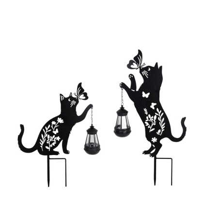 Set 2 Decoratiuni Solare de Gradina, Model Pisica Neagra cu Felinar LED si Fluture, din Metal [4]