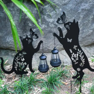 Set 2 Decoratiuni Solare de Gradina, Model Pisica Neagra cu Felinar LED si Fluture, din Metal [2]