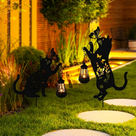Set 2 Decoratiuni Solare de Gradina, Model Pisica Neagra cu Felinar LED si Fluture, din Metal [0]