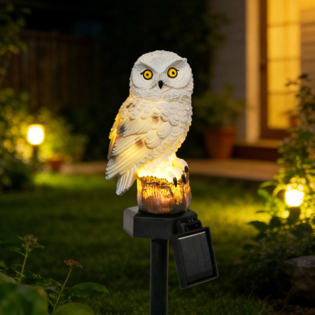 Set 2 Lămpi Solare Bufniță Albă pentru Grădină, Lumină Caldă, Țăruș 45 cm [7]