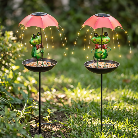 Lampi Solare Decorative - Set 2 Lămpi Solare Decorative cu Hrănitoare pentru Păsări, Model Albinuță sau Broscuță, pentru Grădină