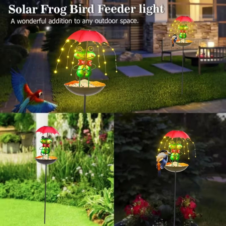 Set 2 Lămpi Solare Decorative cu Hrănitoare pentru Păsări, Model Albinuță sau Broscuță, pentru Grădină [7]