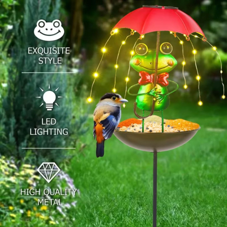 Set 2 Lămpi Solare Decorative cu Hrănitoare pentru Păsări, Model Albinuță sau Broscuță, pentru Grădină [9]