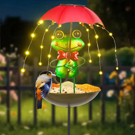 Set 2 Lămpi Solare Decorative cu Hrănitoare pentru Păsări, Model Albinuță sau Broscuță, pentru Grădină [10]