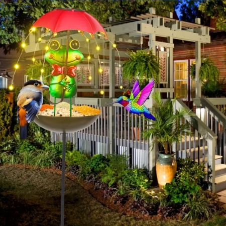 Set 2 Lămpi Solare Decorative cu Hrănitoare pentru Păsări, Model Albinuță sau Broscuță, pentru Grădină [4]