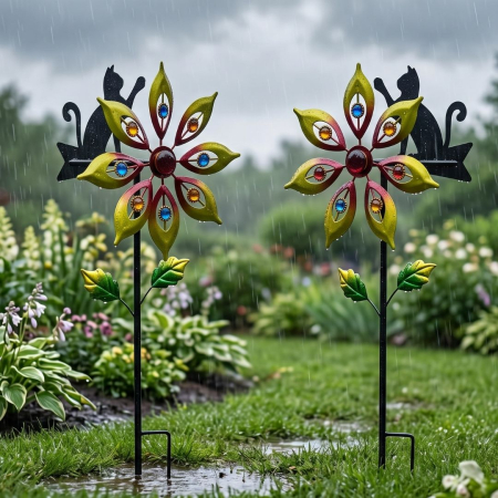 Pachete Promotionale - Set 2 Moristi de Vant Decorative pentru Gradina cu Pisicuta, Metalice, 119 cm, Ornament pentru Curte si Flori