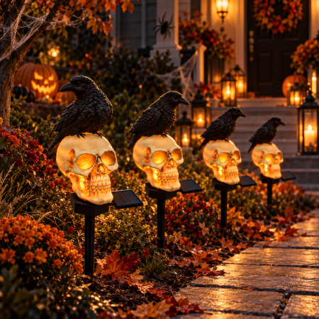Set 2 sau 4 Lămpi Solare Halloween cu Craniu și Cioară, Decorațiuni pentru Grădină și Curte [6]