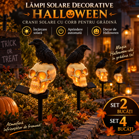 Pachete Promotionale - Set 2 sau 4 Lămpi Solare Halloween cu Craniu și Cioară, Decorațiuni pentru Grădină și Curte