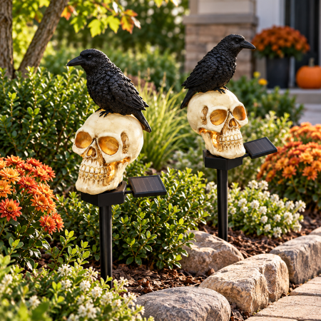 Set 2 sau 4 Lămpi Solare Halloween cu Craniu și Cioară, Decorațiuni pentru Grădină și Curte [2]