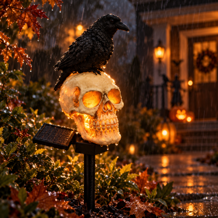 Set 2 sau 4 Lămpi Solare Halloween cu Craniu și Cioară, Decorațiuni pentru Grădină și Curte [10]