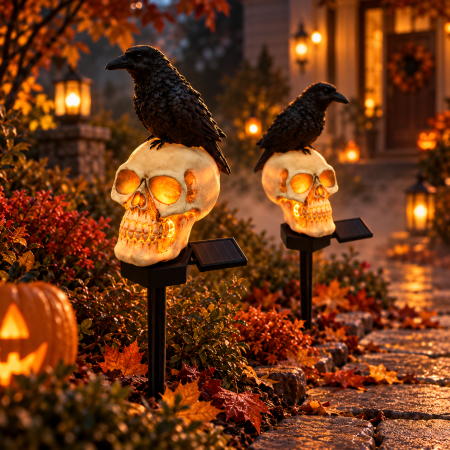 Set 2 sau 4 Lămpi Solare Halloween cu Craniu și Cioară, Decorațiuni pentru Grădină și Curte [1]