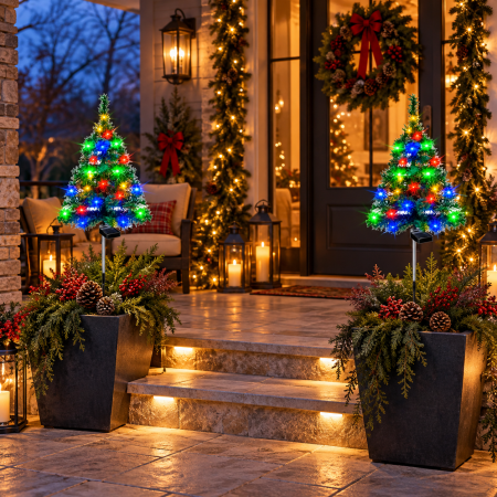 Set 2 x Brad Decorativ Solar cu Lumini LED Multicolore – Functionare Automata Zi/Noapte pentru Decor de Craciun Exterior - Copie [1]