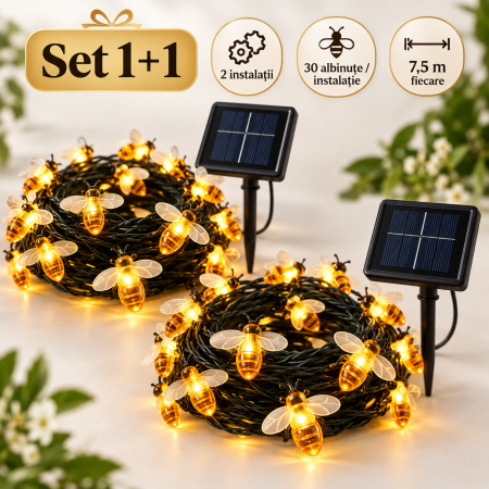Set 2x Ghirlanda solara cu 30 albine LED, lumina calda ambientala si incarcare automata la soare – ideala pentru decor gradina sau terasa. [0]